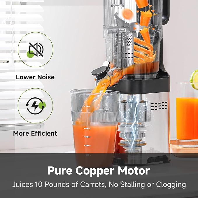 AMZCHEF Cold Press Juicer, 5.4" Whole Fruit Self-Feeding Slow Juicer | Stainless Steel Slow Masticating Juicer Easy to Clean | Triple Strainers | Large Auger | High Yield