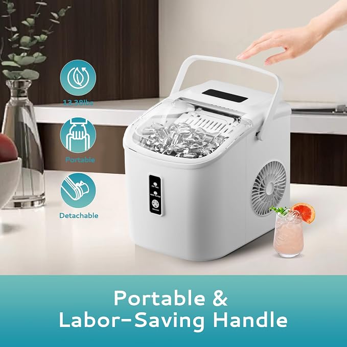 EUHOMY Countertop Ice Maker Machine with Handle, 26.5lbs Per Day, 9 Cubes in 6 Mins, Auto-Cleaning Portable Ice Maker with Basket and Scoop, for Home/Kitchen/Camping/RV (White)