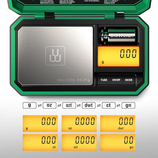 UNIWEIGH Digital Pocket Scale Precision 200g/0.01g Scale Grams Ounces | Mini Jewelry Scale, Coins Scale with 50g Cal Weights for Gold/Silver/Gems/Food,(Battery Included)-Green