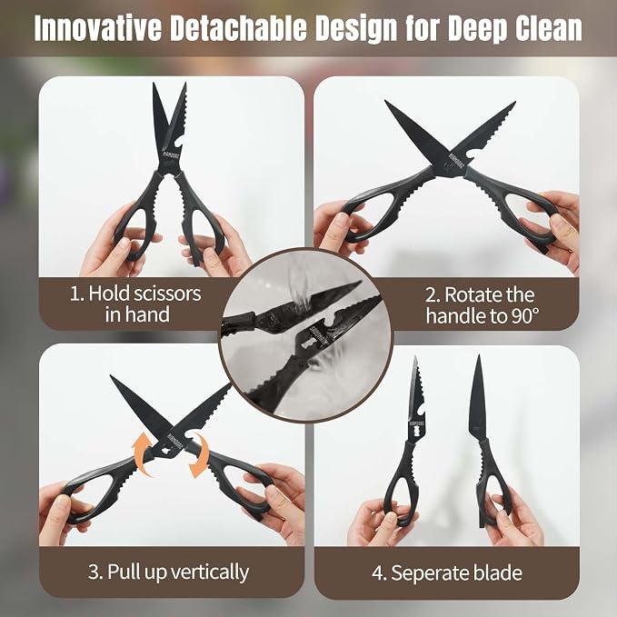 Kitchen Scissors All Purpose, Extra Sharp Kitchen Shears with Knife Sharpener & Sheath, Solid & Durable Stainless Steel Scissors with ANTI-RUST Black Titanium Plated, Dishwasher Safe – Black