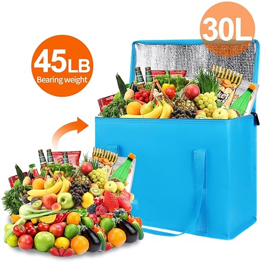 Bodaon 1-Pack Insulated Reusable Grocery Shopping Bags, X-Large Picnic Cooler Bag with Top Cold, Blue