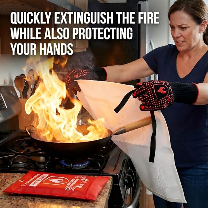 Fire Blankets 4 Pack, 40x40in with 1 Pair Fire Resistant Gloves & 4 Hooks, Fiberglass Fire Blankets Emergency for Home and Kitchen, Suppressant for Grease & Electrical Fires, RV, Camping