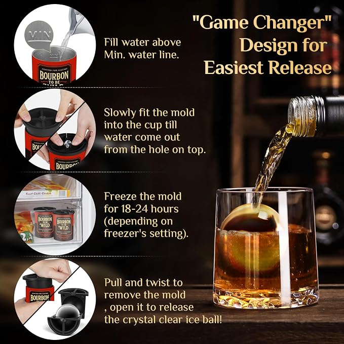 Clear Ice Cube Maker, 2.5" Stainless Steel Crystal Clear Ice Ball Maker, Non-BPA Silicone Ice Cube Molds for Whiskey Easy Release Ice Maker, Bourbon Gifts for Men (Black, 2 PACK-BOURBON)