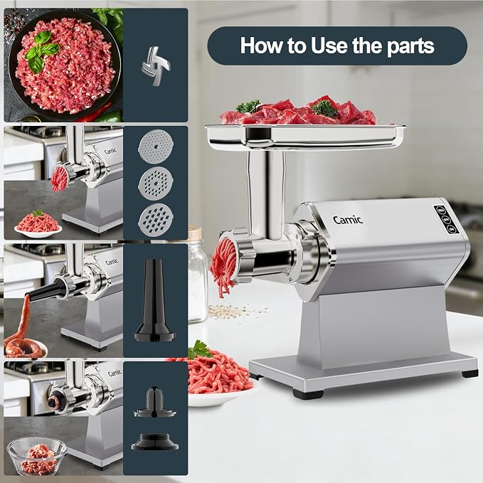Camic Electric Meat Grinder - 300W Sausage Stuffer for Home Kitchen Use Meat Mincer with Stainless Steel 3 Plates, 1 Blade, Sausage Tube, Kubbe Maker (Sliver)
