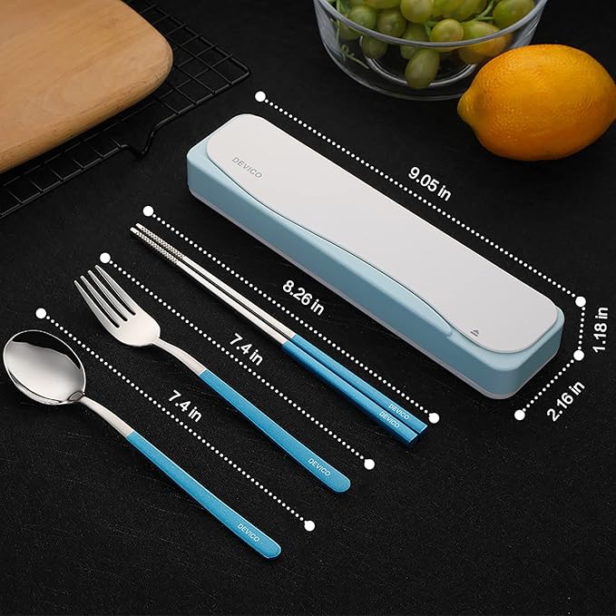 DEVICO Travel Utensils With Case, 18/8 Stainless Steel Camping Utensils, Reusable Portable Silverware Cutlery Set For Lunch Box, Include Fork Spoon Chopsticks (Light Blue)