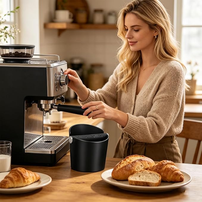 Coffee Knock Box, Espresso Knock Box, Coffee Bin, Espresso Dump Bin, 4.8 Inch Shock-Absorbent Durable Barista Style Espresso Knock Box with Removable Metal Knock Bar and Non-Slip Base(Round) | Ailelan Coffee Knock Box, Espresso Knock Box, Coffee Bin, E...