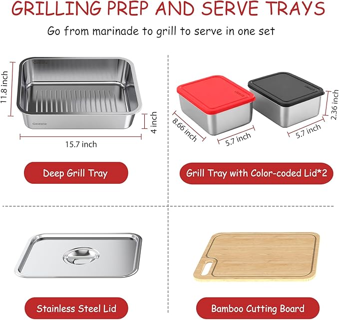 Geesta 5-in-1 Grilling Prep & Serve Tays, Grill Carry System, Stainless Steel BBQ Serving Platter, Marinating Container with Lid & Cutting Board, Outdoor Cooking Grill Accessories, Grilling Gift