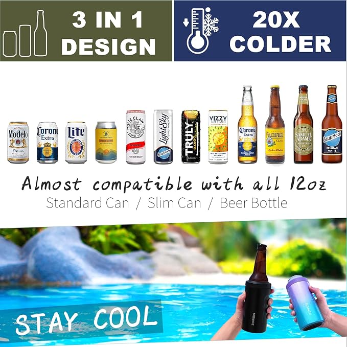 3 In 1 Insulated Universal Can Cooler - Signice Double Walled Vacuum Insulator Stainless Steel Slim Can Cooler for 12 Oz Skinny Tall Standard Regular Can Beer Bottle (Matte Black)
