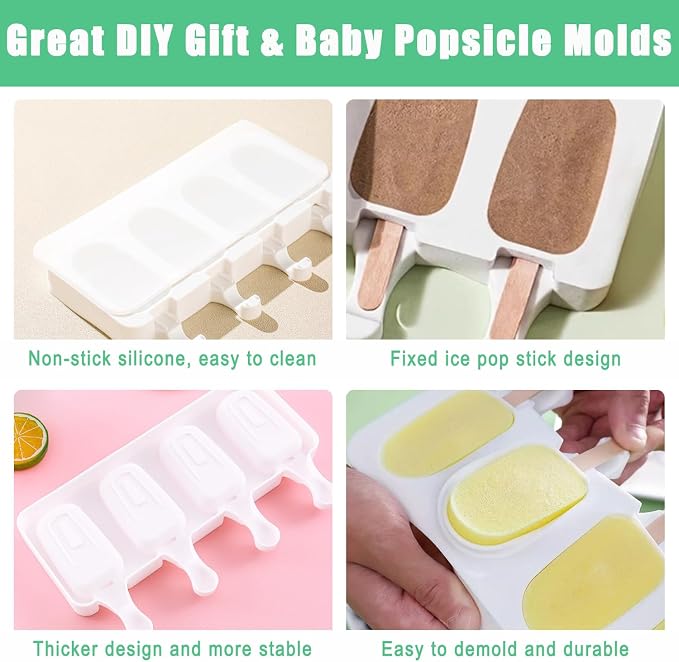 2 Pack Silicone Popsicle Molds，Oval 4 Cavities Homemade Ice Pop Molds with 100 Wooden Sticks for Ice Cream, Cakesicles, Cake Pop