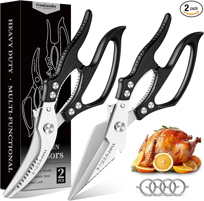 Freelander Kitchen Shears Set Black - All Purpose Heavy Duty Poultry Shears | Japanese Kitchen Scissors for Food, Chicken, Meat, Fish, Vegetables with Ergonomic Non-Slip Handle, Gifts for Women Men