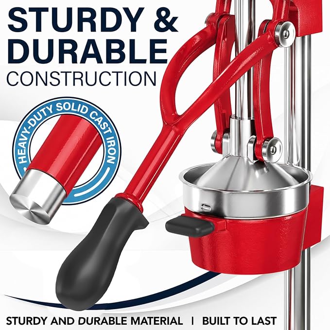 Eurolux Ultra-Premium Cast Iron Juicer | Extra-Large, Heavy Duty, Commercial Grade, Stainless Steel Manual Hand Press Citrus Squeezer For Fresh Orange Juice, Pomegranate, Lemon, and Much More (Red)