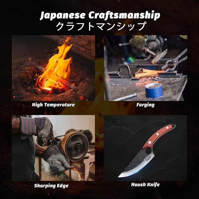 Huusk Hand Forged Viking Knife with Sheath for Kitchen Camping BBQ | Japanese Butcher Knife for Meat Cutting, High Carbon Steel Chef Knives with Ergonomic Wood Handle, Gifts for Men