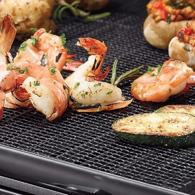 Kingrol 2 Pack Reinforced Edge Grill Mesh Mat, Nonstick BBQ Smoker Mats for Outdoor Grill, PTFE Fiberglass Rack Liners for Fish, Shrimp, Vegetables, Oven, Air Fryer Oven, 16.6 x 11 Inch