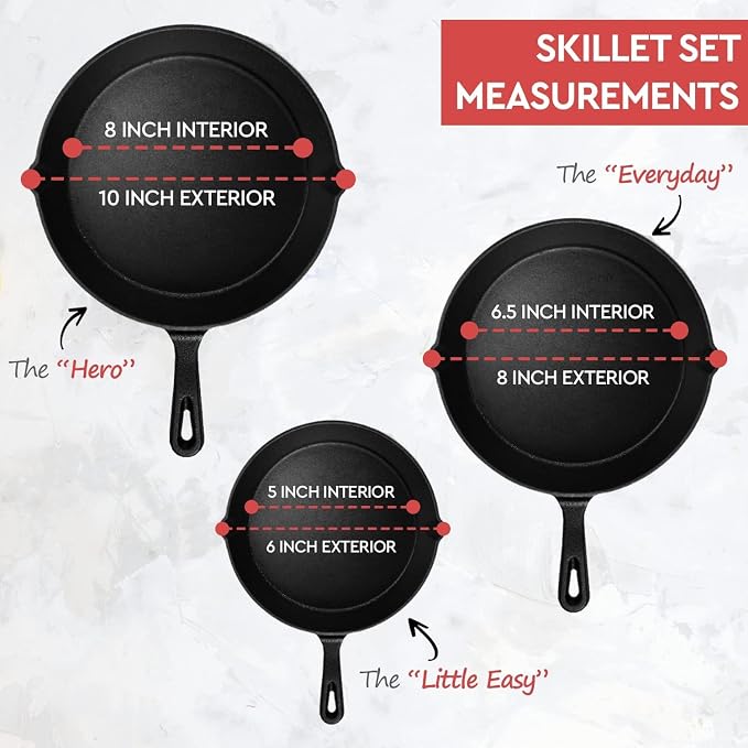 Cast Iron Skillet 3-Piece Set - Heavy-Duty Professional Restaurant Chef Quality Pre-Seasoned Pan Cookware Set - 10", 8", 6.2" - Frying, Saute, Cooking, Pizza & More, Charcoal Grey