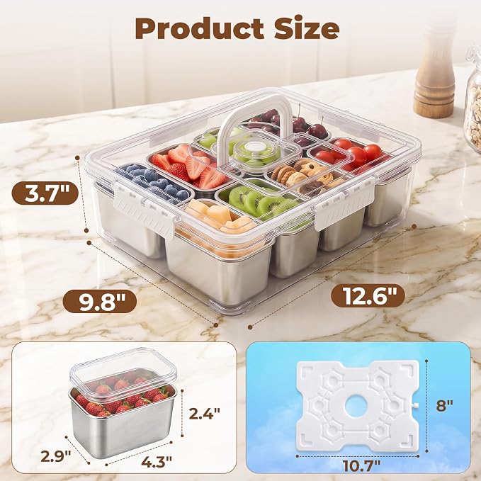 Homelove Snackle Box Container with Ice-Pack, Snack Container Divided Serving Tray with 8-Compartment Snack Platter, Lid and Handle, Food Organizer for Outdoor Travel Party Beach Picnic