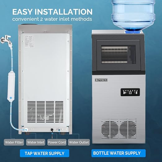 ROVSUN Commercial Ice Maker 110lbs/24h Automatic Built-in Stainless Steel Under Counter/Freestanding Ice Machine for Restaurant Bar with 24lbs Storage, Connection Hoses & Ice Scoop