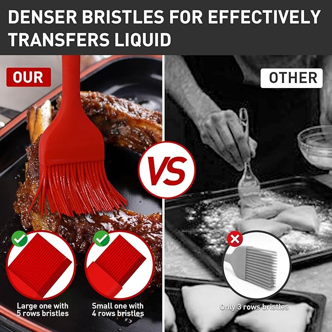 Begonia Silicone Basting Pastry Brush-2pcs Heat Resistant Cooking Brush for Oil, Sauce, Butter, BBQ, Grill and Marinade, BPA Free, Dishwasher Safe （Red）