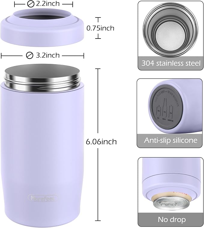 Morefeel 4-in-1 Insulated Can Cooler for 12 oz Cans & Bottles | 304 Stainless Steel Can Holder Fits 12 Oz Slim Cans, Standard Cans, Beer Bottles & Works as A Open Cup; Dishwasher Safe