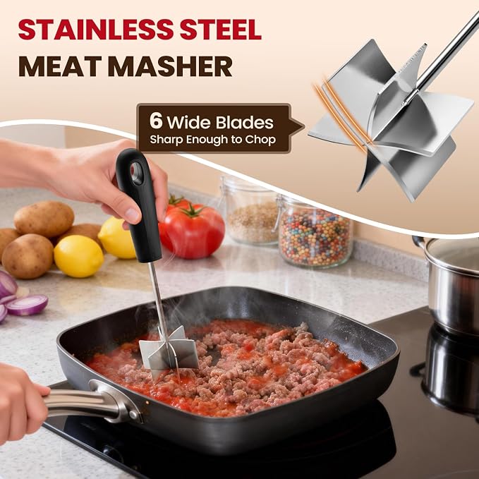 Stainless Steel Meat Chopper, Goldusk 10 Inch Meat Masher Ground Beef Chopper Tool with 6 Curve Blades & Ergonomic Non-Slip Handle, Hamburger Smasher Tool Ground Meat Smasher Dishwasher Safe