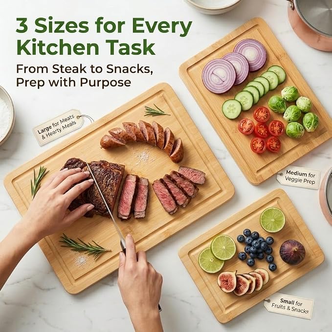 Bamboo Cutting Board Set of 3 with Stand | Natural Sustainable Wood Chopping Boards for Kitchen | Mess-Free Juice Grooves & Comfortable Side Handles | Gentle on Knife Blades, Durable