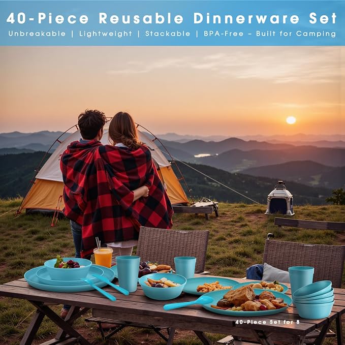 40 Piece Plastic Dinnerware Set for 8 with Cutlery, Unbreakable Plates and Bowls Set, Dishwasher & Microwave Safe Reusable Dish Set for Camping, RV, Outdoor Kitchen, Apartment Dining, Teal