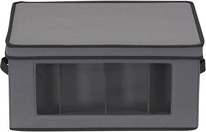 Household Essentials Wine Glass Storage Box in Strong Frame, Handles, Windowed Panel and 12 Compartments, Gray with Black Trim