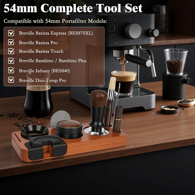 8 PCS Espresso Accessories Kit, 54mm Espresso Tamper Kit Coffee Tamper Set with Coffee Distributor, Espresso Tamping Station, Espresso WDT Stirrer,Dosing Funnel, Fits Breville 54 mm Portafilter