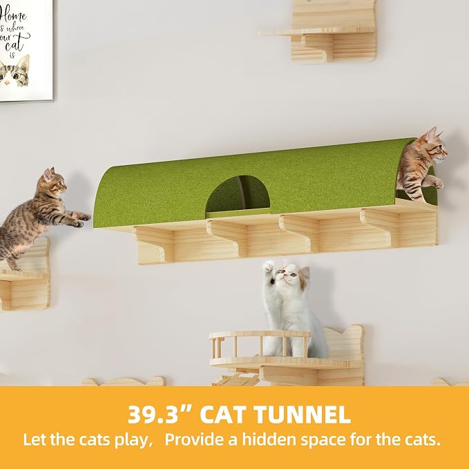 Cat Wall Shelves, 16-in-1 Cat Wall Furniture Set w/Tunnel & Bridge | Multi-Level Floating Cat Shelves for Space Saving, Solid Wood Cat Climbing System with Scratching Posts, 2 Condos, Burlywood
