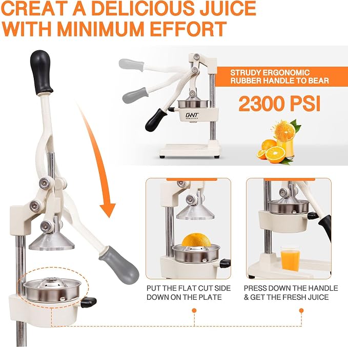 Commercial Heavy Duty Cast Iron Hand Press Manual Orange Citrus Lemon Lime Grapefruit Pomegranate Fruit Juice Squeezer Machine with Stainless Steel Cup White