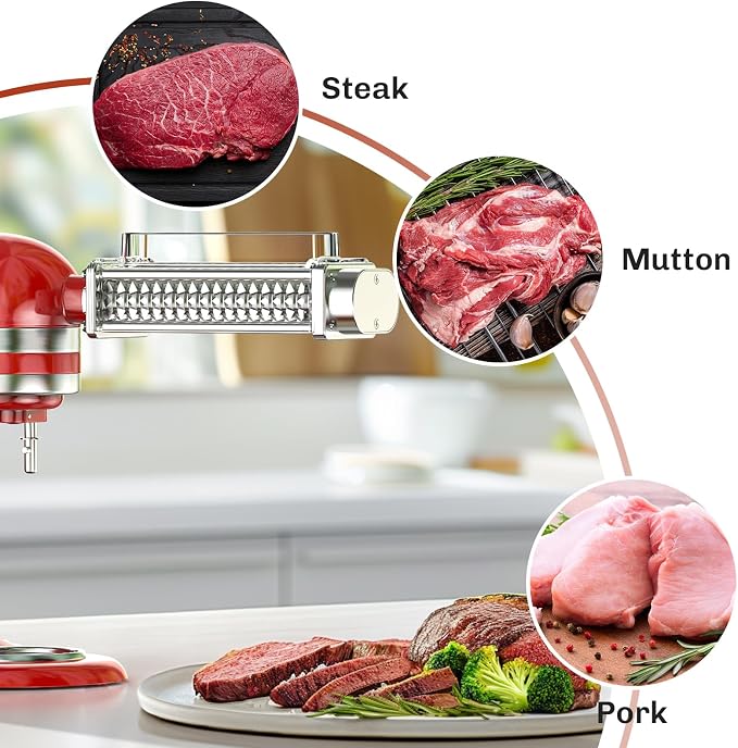 GVODE Meat Tenderizer Attachment for KitchenAid Stand Mixer, Easy Clean | Tenderize Beef, Pork and Mutton For Steak and Schnitzel Prep with Mixer-Hub Operation, Stainless Gears and Brush Cleanup
