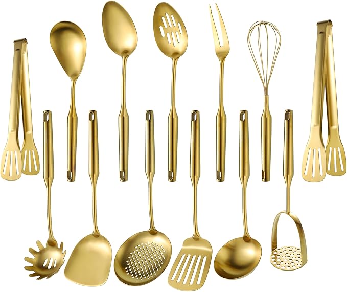 Gold Kitchen Cooking Utensils Set 13 PCS Stainless Steel 12-13.7" | Food-grade 304, Dishwasher Safe,Rust-proof, Made To Last,Easy To Store,Good Choice for Presents