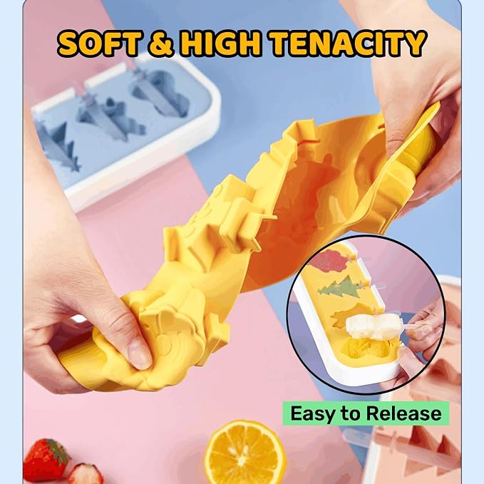 Cartoon Shape Popsicles Molds 3Pcs Cute Ice Cream Mold Maker Easy-Release Homemade Ice Pop Tray Silicone with Lid & Stick (Fruit+Fruit+Fruit)…