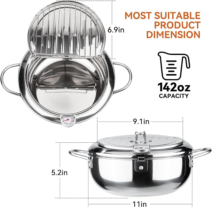 Kerilyn Deep Fryer Pot, 11 Inch/4.2 L Janpanese Style Tempura Frying Pot with Lid, 304 Stainless Steel with Temperature Control and Oil Drip Drainer Rack, for Kitchen French Fries, Chicken etc