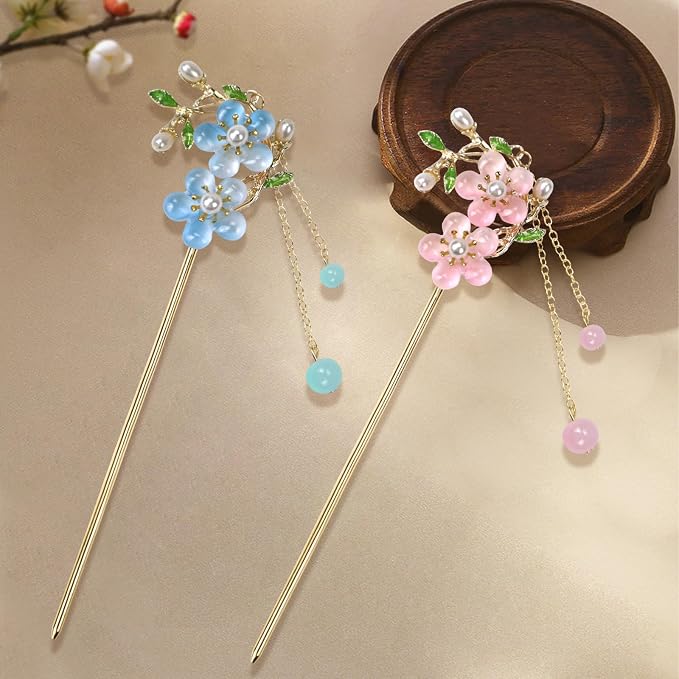 2Packs Lily of the Valley Chinese Hair Sticks for Buns, Pearl Flower Vintage Metal Hair Chopsticks for Women and Girls Dangle Tassel Pendant Accessories Hanfu Handmade Decor Hairpin (blue)