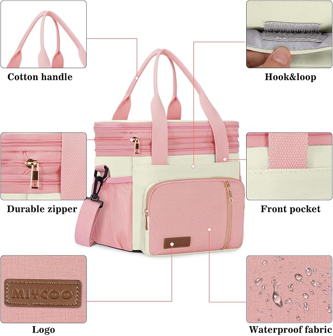 MIYCOO Lunch Bag & Lunch Box for Women Men, Double Deck Leakproof Insulated Soft Large Adult Camping Cooler bag for Work, Beach, Picnic, Travel (Pink White, 15L)