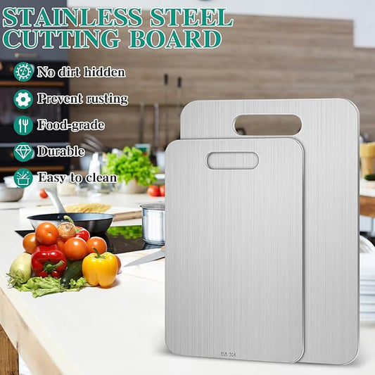 2 Pcs Stainless Steel Cutting Board for Kitchen 304 Steel Chopping Dishwasher Safe Metal Cutting Board Set for Kitchen Meat Fruit Vegetable (13.4"x9",11.8"x7.9")