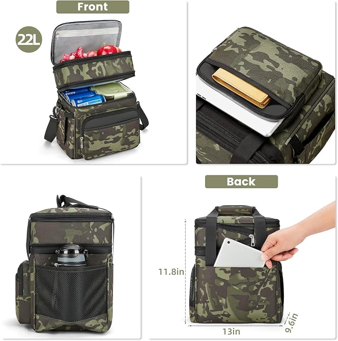 holuxer Insulated Lunch Bag & Lunch Box for Men - Double Deck Reusable Lunch Bag for Women Tote Cooler Bag Leakproof Soft Expandable - Extra Large Lunchbox for Work/Adult/Picnic/Outdoor (Camo，22L)