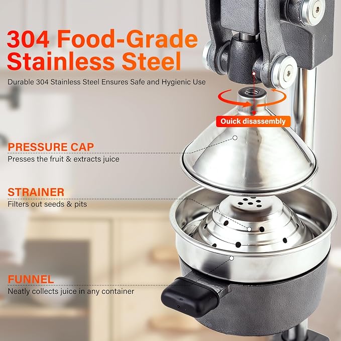 Manual Cast Iron Juicer, Gray Lemon Citrus Squeezer | Detachable Cone, Free Stainless Steel Cup, Extracts Juice from Lemons, Oranges and Grapefruits, Easy to Clean