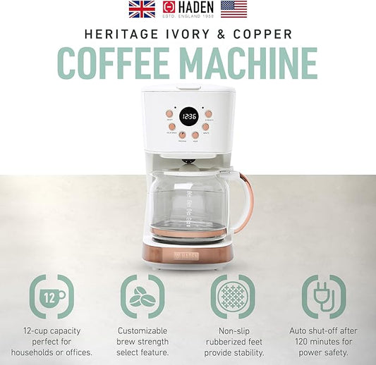 Haden Coffee Machine, 12 Cup Programmable Drip Coffee Maker with Auto Shut-Off Function and Reusable Washable Water Filter, Ivory & Copper
