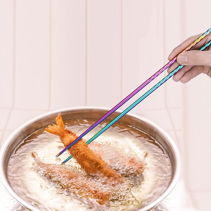 Patelai 4 Pairs Long Cooking Chopsticks 15.3 Inch & 16.5 Inch Extra Long Stainless Steel Wooden Noodles Chopsticks for Kitchen Cooking Frying Hot Pot, Non Slip Threaded(Mixed Color, Wood Color)