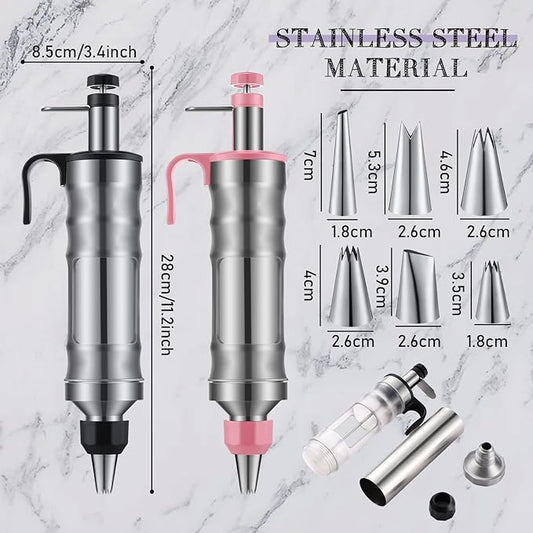 Uiifan 2 Sets Icing Decoration Gun Set Dessert Decorating Decorator Syringe Cake Decorating Tool and 12 Pcs Russian Piping Icing Nozzles Cupcake Filling Injector Cake Tool for Baking(Pink, Black)