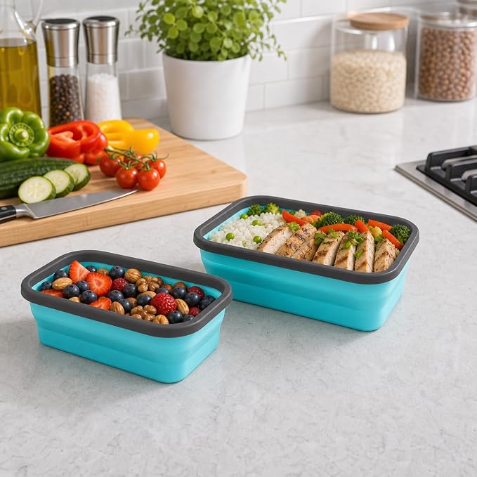 Guyuyii 4 Pack Space-Saving Collapsible Food Storage Containers with Lids | 12/17/27/40 oz Food-Grade Silicone Set for RV, Camping, Meal Prep, Small Kitchens - Microwave/Freezer/Dishwasher Safe