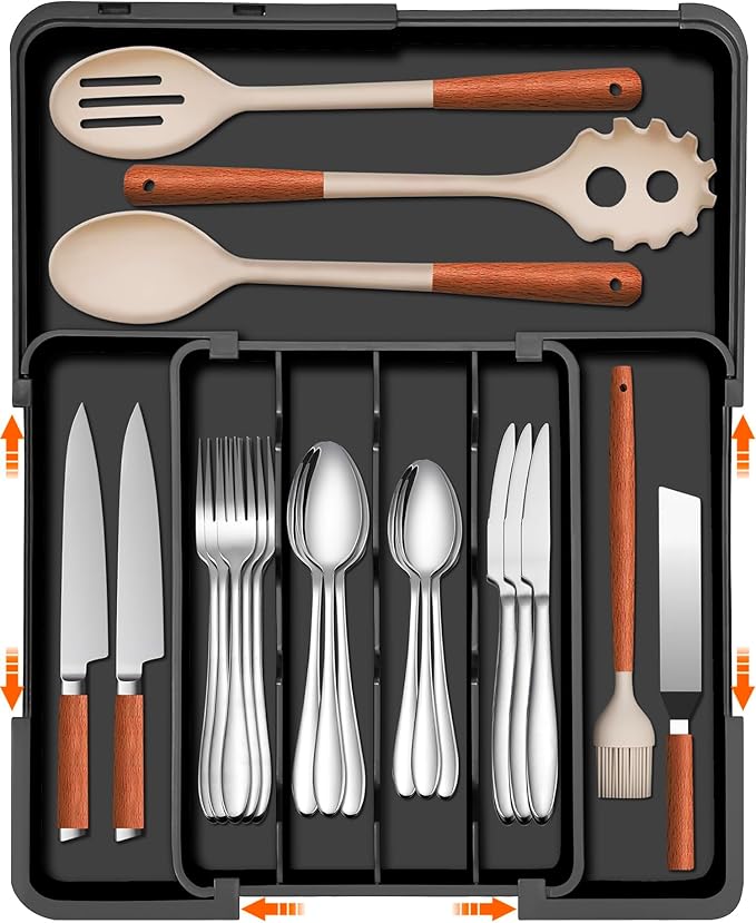 Silverware Organizer - Expandable Kitchen Drawer Organizer, Utensil Drawer Organizer, Adjustable Plastic Flatware and Cutlery Holder, Kitchen Organizers Storage for Forks Knives, Black