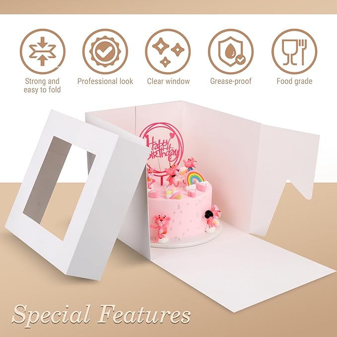 Cakebon Cake Boxes with Boards - 8 Inch Round Cake Drum Black - Box With Window for Birthdays, Weddings and Parties (1pc Each, 2pcs Total)
