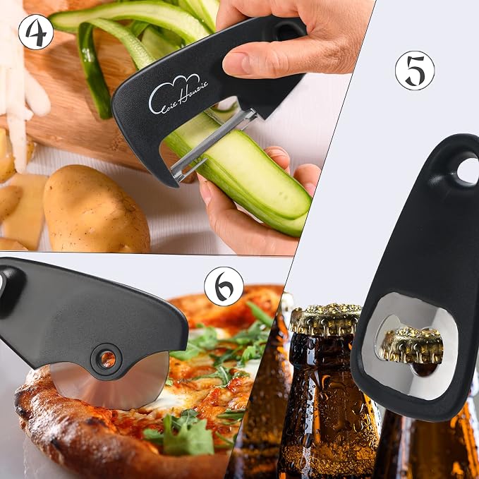 Kitchen Gadgets Set 6 Piece, Space Saving, Portable, Black | Stackable Gadgets Utensils, Grater, Bottle Opener, Pizza Cutter, Peeler, Paring Knife, Garlic Grinder, Storage Bag