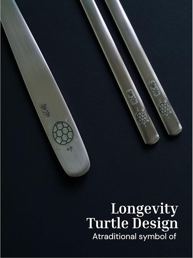 ONGI Korean Spoon and Chopstick 1 Set – Premium 18/10 Stainless Steel – Longevity Turtle Design – Gift-Ready – Made in Korea – Dishwasher Safe (Turtle Silver 1 Set)