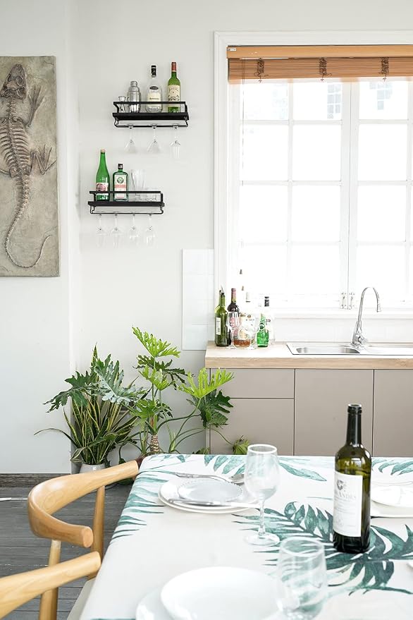 Mkono Wall Mounted Wine Rack Set of 2 Wood Shelf Rustic Wine Bottle Glass Floating Shelves with Stemware Hanger Modern Plants Photos Wine Display Storage Holder for Kitchen Dining Room Bar, Black | Space Saving, Stem Hanger, Floating Design, Store Wine...