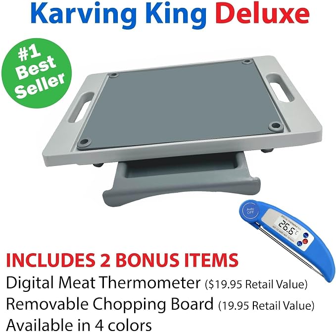 Karving King XL Deluxe Cutting Board - Spikes, Drip Tray & Meat Thermometer
