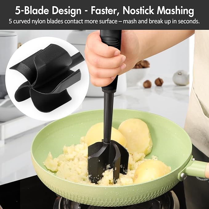 Ourokhome Meat Chopper and Potato Masher, Heat Resistant Nylon Ground Beef Smasher for Hamburger, 5 Curved Blades Nonstick Mixer & Stirrer, Practical Kitchen Gadgets, Black