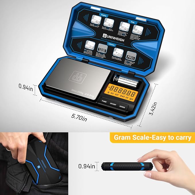UNIWEIGH Digital Pocket Scale 200g/0.01g, Digital Gram Scale Precision | Mini Jewelry Scales digital weight grams with 50g Cal Weights for food,Jewelry,Coins,small items,(Battery Included)-Blue